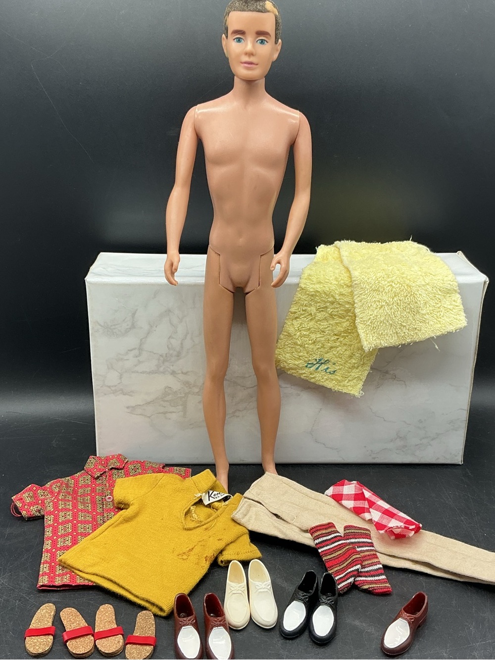 Flocked Hair Ken Doll with Yellow Towel and Assorted Retro Clothing